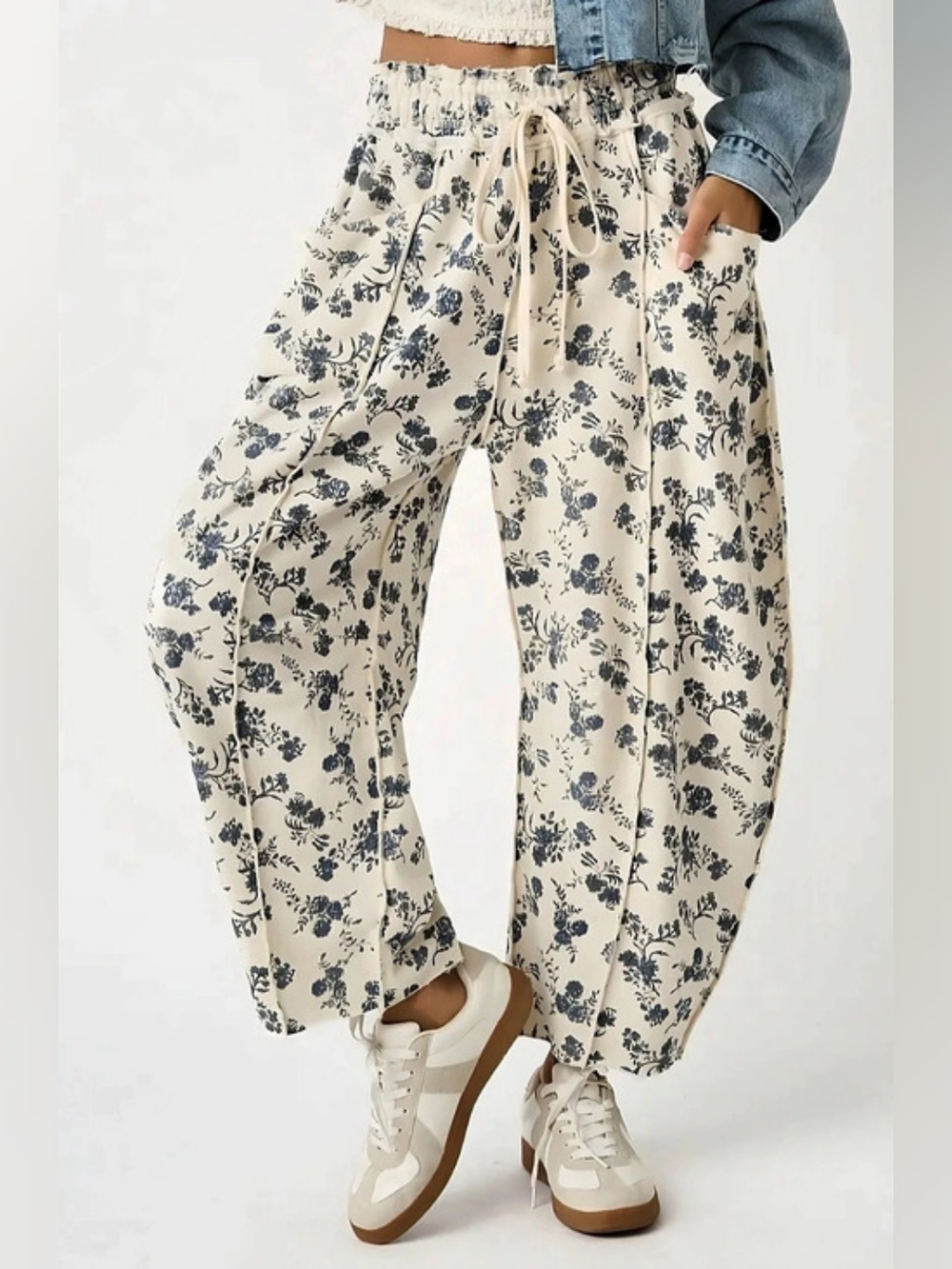 Cream and Blue Floral Slouchy Barrel Leg Pants